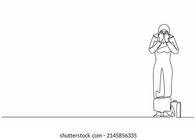 Single continuous line drawing Arab businesswoman cover her face by hands and crying. Depression disorder, sad, sorrow, disappointment. Psychological therapy, treatment. One line graphic design vector