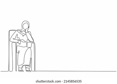 Single continuous line drawing Arab businesswoman sitting at sofa, feeling stressed, alone. Anxious worker sit on couch, crying, feel frustrated, depressed, suffer. One line draw graphic design vector