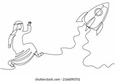 Single continuous line drawing Arab businessman running chasing rocket take off. Prepare for start-up business project. Career awakening to success, growth. One line draw design vector illustration