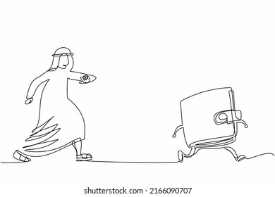 Single continuous line drawing Arab businessman chasing wallet. Wallets with money shopping. Purse for save cash. Business and finance symbol. Business metaphor. One line design vector illustration
