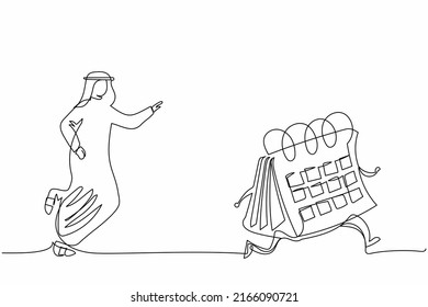 Single continuous line drawing Arab businessman chasing calendar. Employee plans his schedule and appointments for the month. Time management and optimization, planning. One line graphic design vector