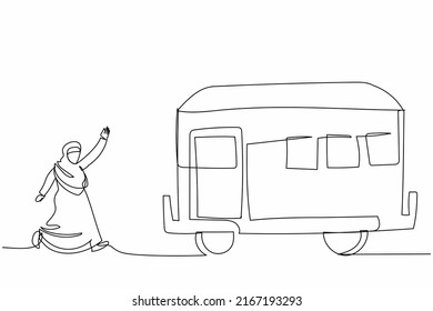 Single Continuous Line Drawing Arab Businesswoman Run Chase Train. Manager Late From Work And Deadline. Latecomer Worker Running Along Platform To Reach Train. One Line Draw Design Vector Illustration