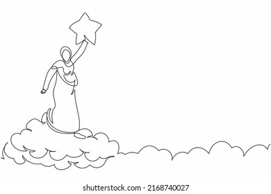Single continuous line drawing Arab businesswoman reaching star on cloud sky. Business succeed reward, winning star employee, career path, dream job. One line draw graphic design vector illustration