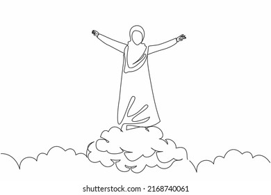 Single continuous line drawing Arab businesswoman on top of cloud with raised hands. Successful office worker. Financial freedom, happiness, peaceful. One line draw graphic design vector illustration