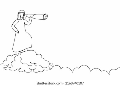Single continuous line drawing Arab businessman on cloud holding binocular to search for business innovation visionary. Leadership vision to see company strategy. One line draw graphic design vector