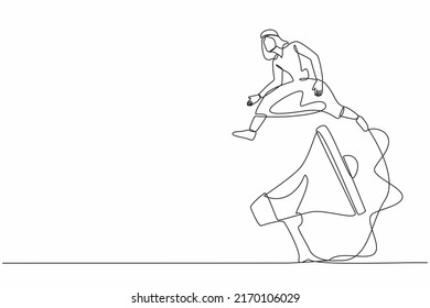 Single Continuous Line Drawing Arab Businessman Jump Over Big Megaphone. Marketing Strategy In Mass Communication. Loudspeaker Technology For Giving Announcement. One Line Design Vector Illustration