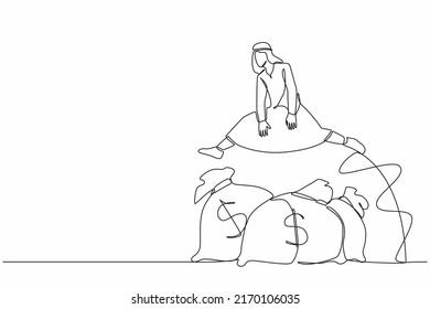 Single continuous line drawing Arab businessman jump over money bag. Wealth and successful business person. Business loan or funding to start company. One line draw graphic design vector illustration