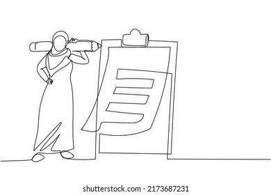 Single continuous line drawing Arab businesswoman and giant pencil shoulder  Task done business  nearby clipboard complete checklist   check mark ticks  One line draw design vector illustration
