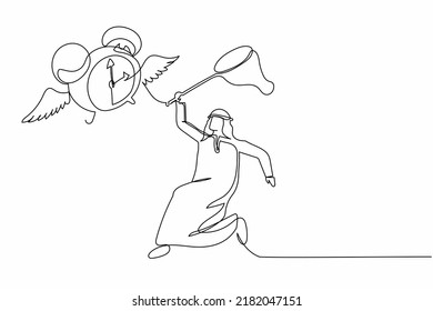 Single continuous line drawing Arab businessman try to catching flying alarm clock with butterfly net. Failed to complete work deadlines. Business metaphor. One line graphic design vector illustration