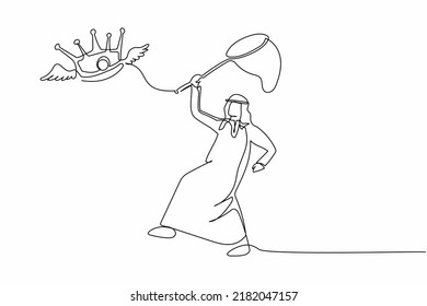 Single continuous line drawing Arab businessman try to catching flying crown with butterfly net. Failed to control the business empire. Business metaphor. One line graphic design vector illustration