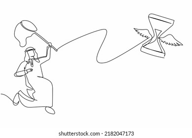 Single continuous line drawing Arab businessman try to catching flying hourglass with butterfly net. Failed to complete project objectives. Business metaphor. One line draw design vector illustration