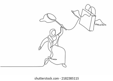 Single Continuous Line Drawing Arab Businesswoman Try To Catching Flying Shopping Bag With Butterfly Net. Retail Store Sales Decline Due To Economic Crisis. One Line Graphic Design Vector Illustration