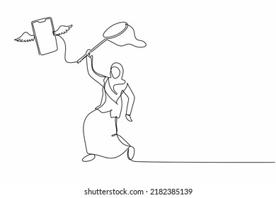 Single continuous line drawing Arab businesswoman try to catch flying smartphone with butterfly net. Missed phone calls interview. Lost job opportunities. One line graphic design vector illustration