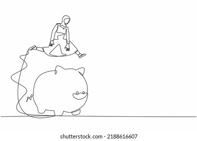 Single continuous line drawing Arab businesswoman jumping over piggy bank. Security of money storage, saving for investment. Financial planning management. One line graphic design vector illustration