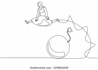 Single continuous line drawing Arab businesswoman jumping over bomb. Explosion of economic crisis, impact on increasing unemployment, poverty. Dynamic one line draw graphic design vector illustration