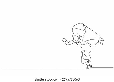 Single continuous line drawing Arab businesswoman with rocket on back stand on start ready for business race. Skill to boost fast business to win competition. One line draw design vector illustration