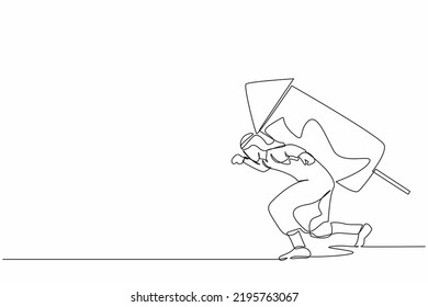 Single Continuous Line Drawing Arab Businessman With Rocket On Back Stand On Start Ready For Business Race. Employee Prepare To Start Running With Ignite Firework. One Line Design Vector Illustration