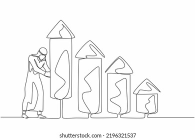 Single Continuous Line Drawing Arab Businessman Ignite Firework Rocket Bar Graph To Increase Company Growth. Boost Earnings Or Economic Boom. Dynamic One Line Draw Graphic Design Vector Illustration