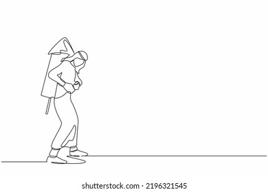 Single continuous line drawing Arab businessman ignites large fireworks rocket attached to his back. Male manager ready to boost business to win competition. One line draw design vector illustration