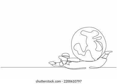 Single continuous line drawing Arab businessman under heavy globe burden. Natural resources, earth exploitation, industrial pollution. World economic crisis. One line draw design vector illustration