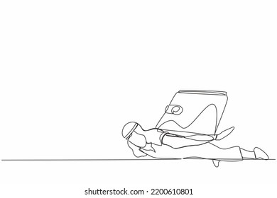 Single continuous line drawing Arab businessman under heavy wallet burden. Tired hard working office employee. Financial and economic crisis. Dynamic one line draw graphic design vector illustration