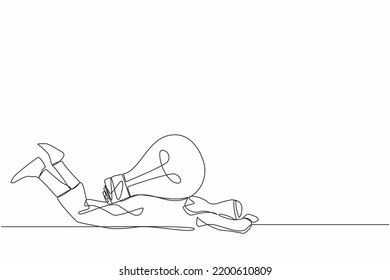 Single continuous line drawing Arab businessman under heavy light bulb burden. Uninspired or no idea after business failure, burnout or exhausted from crisis. One line draw design vector illustration