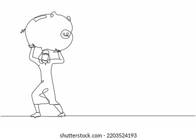 Single continuous line drawing Arab businessman carrying heavy piggy bank on his back. Male manager with financial problems. Losing money in economic crisis. One line draw design vector illustration