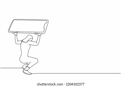 Single continuous line drawing Arab businesswoman carrying heavy smartphone on her back. Feeling stressed and tired. Exhaustion, depression, overwork problem. One line draw design vector illustration