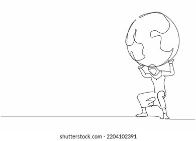 Single continuous line drawing Arab businesswoman carrying heavy globe on her back. Global warming responsibility, world leader commitment to take care our planet. One line design vector illustration