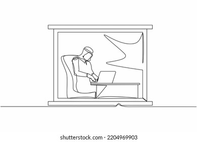 Single continuous line drawing Arab man working from home near window. Businessman sitting at desk and using laptop. Project management. Remote work or home office. One line draw graphic design vector