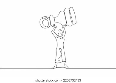 Single continuous line drawing Arab businesswoman holding or lifting pawn chess piece. Tactical advantage, successful entrepreneurship or business strategy. One line graphic design vector illustration