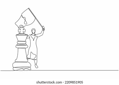 Single continuous line drawing Arab businesswoman waving flag on king chess piece metaphor of win competition. Successful entrepreneurship, goal achievement. One line draw design vector illustration