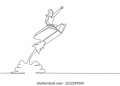 Single Continuous Line Drawing Arab Businesswoman Riding Open Book Rocket Flying In Sky. Launch New Library At School. Increase Interest Reading In Smart Student. One Line Design Vector Illustration