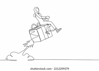 Single continuous line drawing Arab businesswoman riding gift box rocket flying in the sky. Package cardboard box with attached rockets. Big box with booster. One line draw design vector illustration