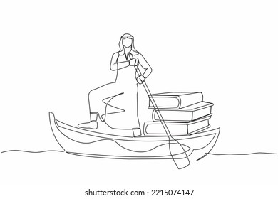 Single continuous line drawing Arab businessman sailing away on boat with pile of books. Intellectual progress by getting used to reading book. Education concept. One line design vector illustration