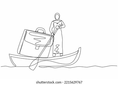 Single continuous line drawing Arab businesswoman standing in boat and sailing with briefcase. Success male manager on summer vacation. Escape from routine. One line graphic design vector illustration