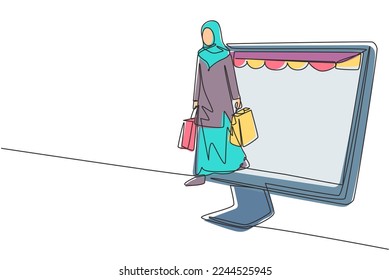 Single continuous line drawing Arab woman coming out of canopy monitor screen holding shopping bags. Digital lifestyle and consumerism concept. Dynamic one line draw graphic design vector illustration