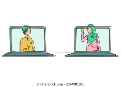 Una sola línea contínua dibujando a un paciente árabe sosteniendo un smartphone de pie frente a un smartphone gigante y consultando a una doctora. Doctor en línea. Ilustración vectorial de diseño gráfico de una línea dinámica