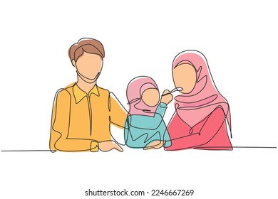 Single continuous line drawing Arab family having fun together in modern restaurant. Daughter feeds her mother with love. Happy little family concept. One line draw graphic design vector illustration