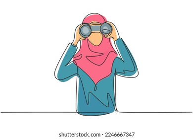 Single continuous line drawing Arab business woman looking through binoculars searching for job. Find all opportunities in the world of suitable jobs. One line draw graphic design vector illustration
