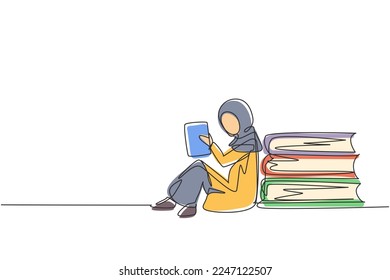 Single continuous line drawing Arab little girl reading, learning and backrest on pile of big books. Study at home. Smart student, education. Dynamic one line draw graphic design vector illustration