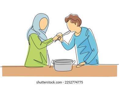Single continuous line drawing Arab husband tasting food given by his young beautiful wife. Cooking for lunch together in cozy kitchen at home. Dynamic one line draw graphic design vector illustration