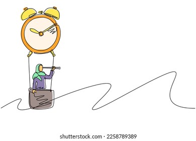 Single continuous line drawing Arab businesswoman, manager or employee ride hot air balloon alarm clock and looking forward with telescope. Time management business travel. One line draw design vector