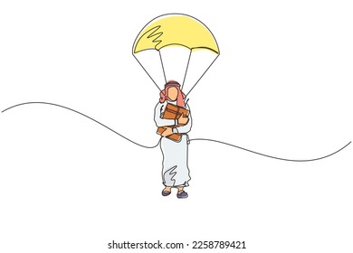 Single continuous line drawing Arab businessman holding briefcase and jumping with parachute. Business people skydiver risk danger and safety concept. One line draw graphic design vector illustration