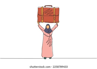 Single continuous line drawing Arab manager or businesswoman raises big briefcase. Business person has achieved success. Rejoices in success. Dynamic one line draw graphic design vector illustration