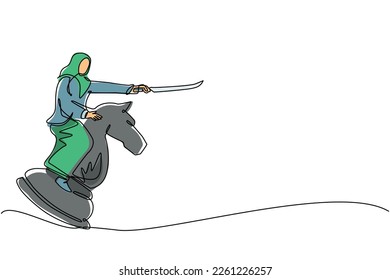 Single continuous line drawing Arab businesswoman riding big chess horse knight with sword. Strategy, business, competition, achievement goal concept. One line draw graphic design vector illustration