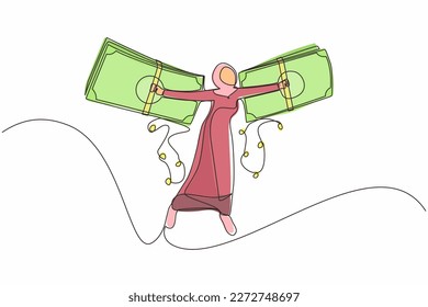 Una sola línea contínua dibujando a una empresaria árabe volando sobre alas de dinero. Concepto de libertad financiera, que representa a una mujer que vuela sobre alas hechas de billetes. Ilustración vectorial de diseño gráfico de una línea