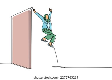 Single continuous line drawing Arab businesswoman managed to jump over wall. Woman jumps over the wall, outside comfort zone to get new experience, fun and excited. One line draw graphic design vector