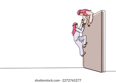 Single continuous line drawing Arab businessman helping another businessman climb wall. Confident successful leading businessman helping another one to get over brick wall. One line draw design vector