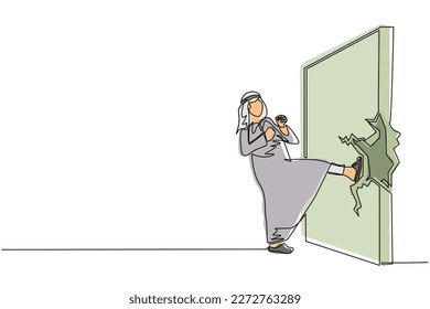 Una sola línea contínua que dibuja a un empresario árabe haciendo kungfu o karate patadas para destruir la pared de ladrillos. Concepto empresarial de obstáculo y solución. La obstrucción se arruinó con fuerza. vector de diseño de trazos de una línea
